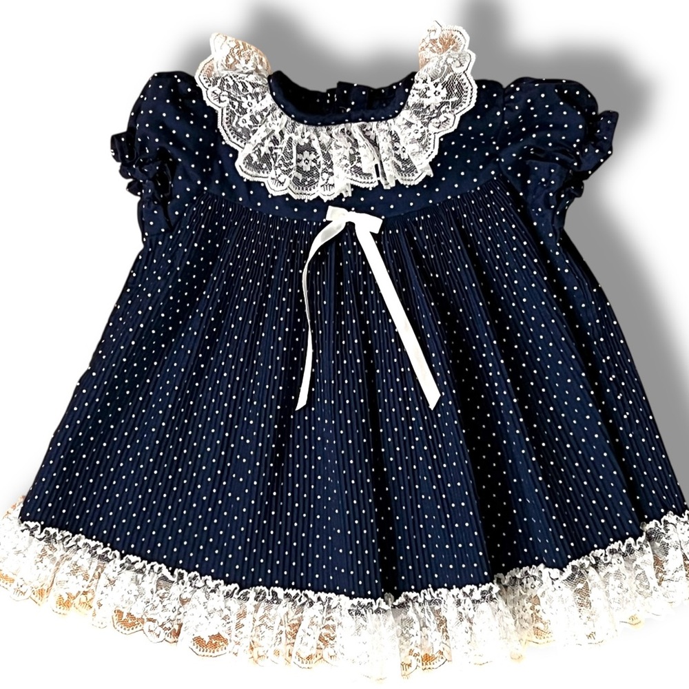 VINTAGE Picture Perfect Baby Girl Polkadot Dress Navy Lace Pleated 18M USA